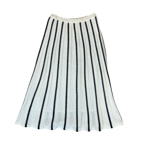 VTG WHITE BLACK STRIPED KNITTED ELASTICATED LINED MIDI PANEL SKIRT UK 12