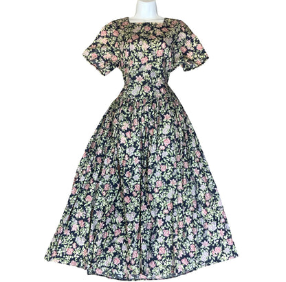1980s 'LAURA ASHLEY' BLUE PINK FLORAL RETRO SUMMER TEA PARTY A-LINE DRESS 10/12