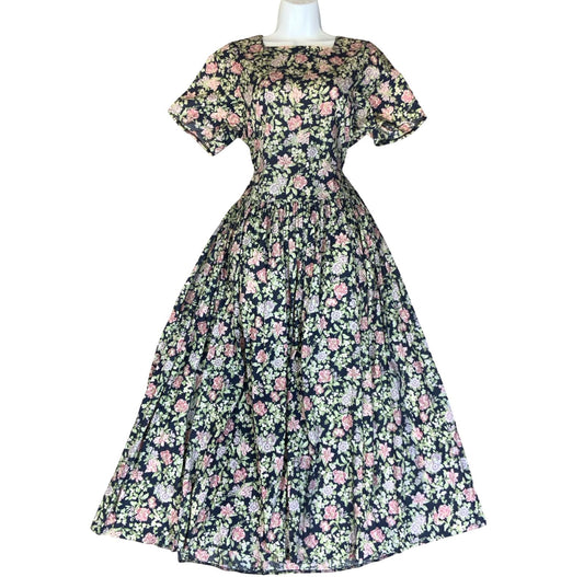 1980s 'LAURA ASHLEY' BLUE PINK FLORAL RETRO SUMMER TEA PARTY A-LINE DRESS 10/12