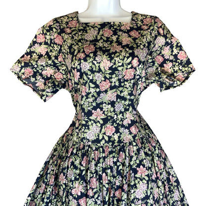 1980s 'LAURA ASHLEY' BLUE PINK FLORAL RETRO SUMMER TEA PARTY A-LINE DRESS 10/12