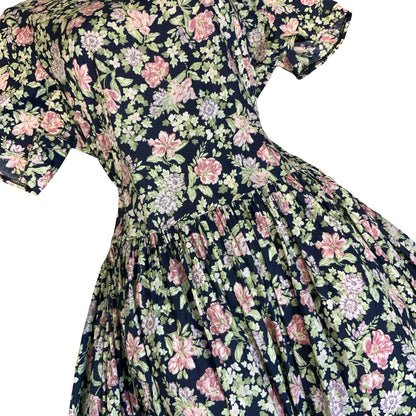 1980s 'LAURA ASHLEY' BLUE PINK FLORAL RETRO SUMMER TEA PARTY A-LINE DRESS 10/12