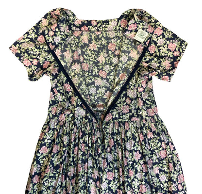 1980s 'LAURA ASHLEY' BLUE PINK FLORAL RETRO SUMMER TEA PARTY A-LINE DRESS 10/12