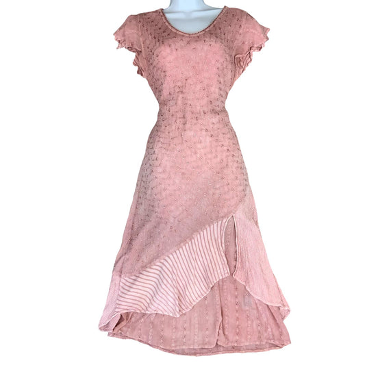 VTG 90s does 70s 'COLINE' PINK BOHO HIPPIE TIERED MIDI FLOWY TEXTURED DRESS XS 6