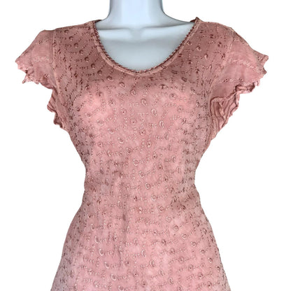 VTG 90s does 70s 'COLINE' PINK BOHO HIPPIE TIERED MIDI FLOWY TEXTURED DRESS XS 6