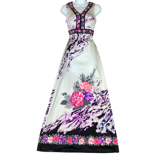 VTG 70s 'VERENA MODELLE' WHITE PINK PURPLE FLORAL FOLK BOHO MAXI DRESS XS 6