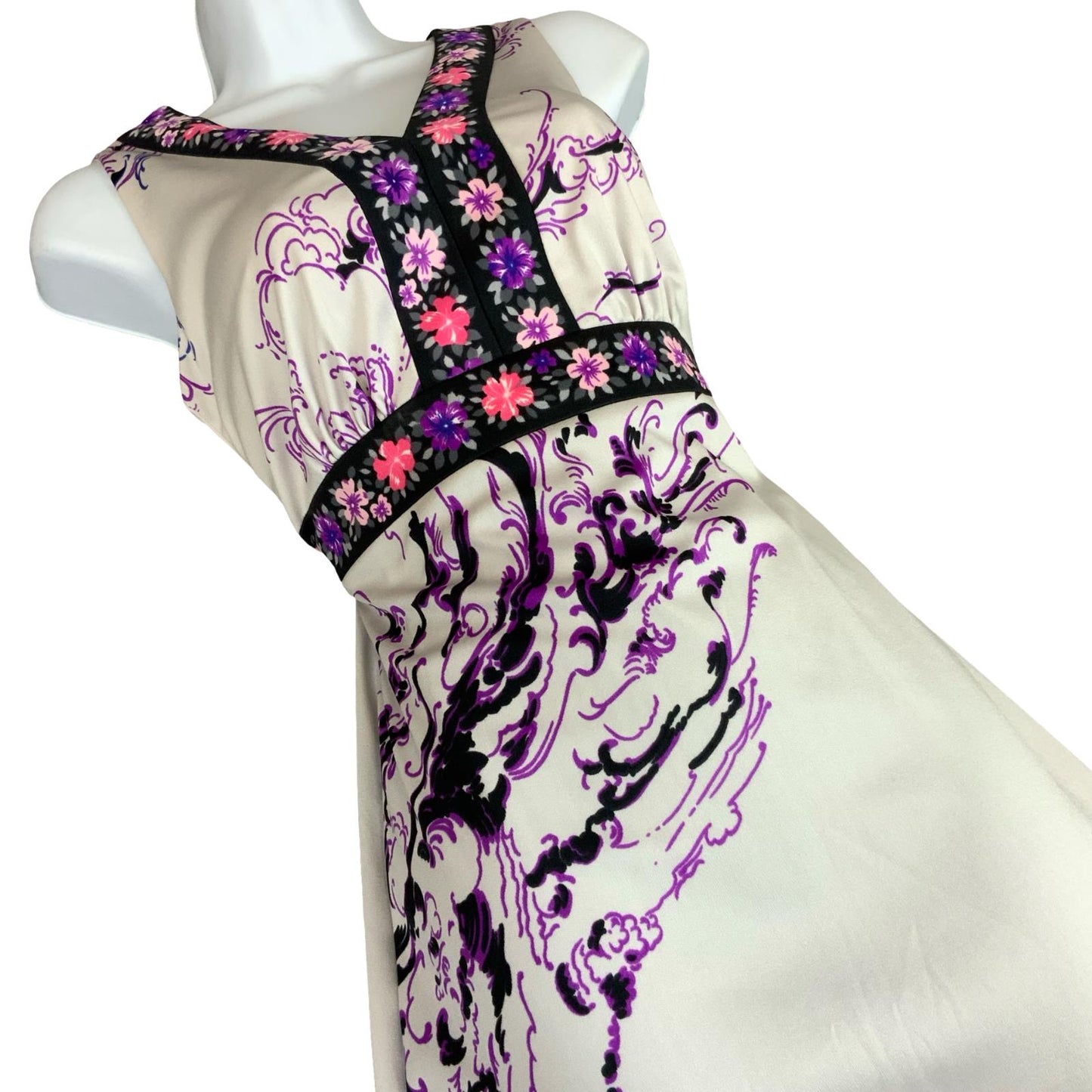 VTG 70s 'VERENA MODELLE' WHITE PINK PURPLE FLORAL FOLK BOHO MAXI DRESS XS 6