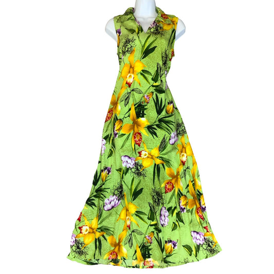 VTG 'DESERT SHORES' GREEN YELLOW SUMMER BEACH FLORAL SLEEVELESS MAXI DRESS S