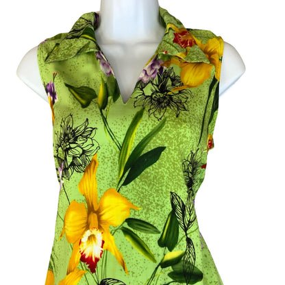 VTG 'DESERT SHORES' GREEN YELLOW SUMMER BEACH FLORAL SLEEVELESS MAXI DRESS S