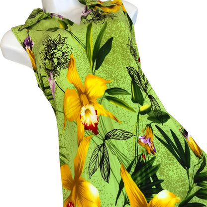 VTG 'DESERT SHORES' GREEN YELLOW SUMMER BEACH FLORAL SLEEVELESS MAXI DRESS S