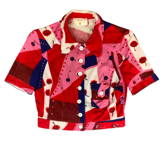 VTG 70s 'ELKONT' RED WHITE PINK FAUX PATCHWORK CROPPED SHIRT BLOUSE S 8