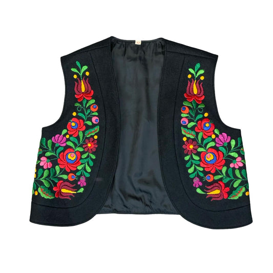 VTG HUNGARIAN EMBROIDERED FLORAL RED GREEN CROPPED WOOL WAISTCOAT S 8 10