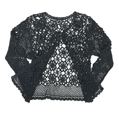 VTG BLACK CROCHET GOTHIC KNIT LACE CHAINMAIL FLORAL CUT-OUT NET CARDIGAN S 8 10