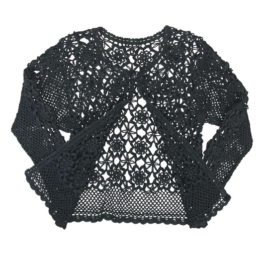 VTG BLACK CROCHET GOTHIC KNIT LACE CHAINMAIL FLORAL CUT-OUT NET CARDIGAN S 8 10