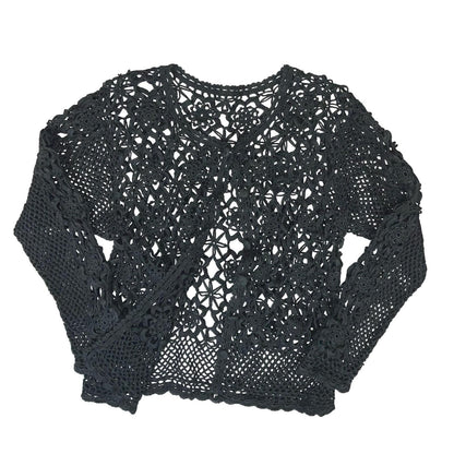 VTG BLACK CROCHET GOTHIC KNIT LACE CHAINMAIL FLORAL CUT-OUT NET CARDIGAN S 8 10