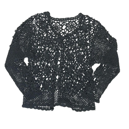 VTG BLACK CROCHET GOTHIC KNIT LACE CHAINMAIL FLORAL CUT-OUT NET CARDIGAN S 8 10