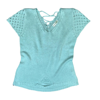 Y2K 'SALVO GREEN' LIGHT BLUE DISTRESSED V-NECK KNITTED SHORT SLEEVED TOP S 10