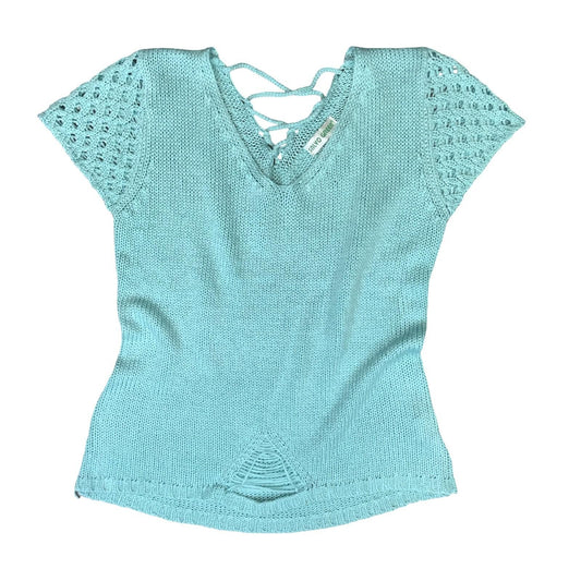 Y2K 'SALVO GREEN' LIGHT BLUE DISTRESSED V-NECK KNITTED SHORT SLEEVED TOP S 10