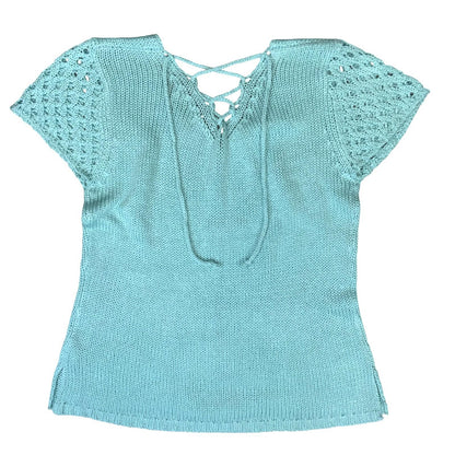 Y2K 'SALVO GREEN' LIGHT BLUE DISTRESSED V-NECK KNITTED SHORT SLEEVED TOP S 10