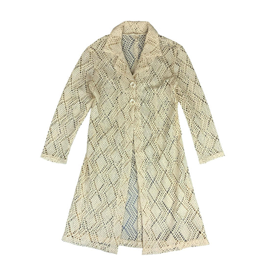 VTG 70s CROCHET KNIT CREAM BOHO RETRO CARDIGAN OVERCOAT DRESS JACKET M 12