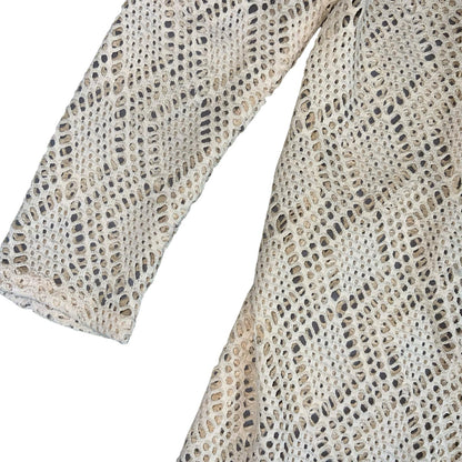 VTG 70s CROCHET KNIT CREAM BOHO RETRO CARDIGAN OVERCOAT DRESS JACKET M 12