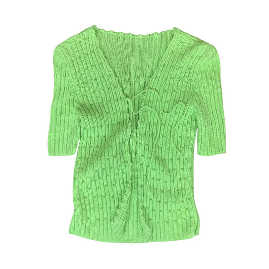 VTG 90s y2k GREEN V-NECK TIE-UP BEADED SHORT SLEEVED STRETCHY KNIT CARDIGAN M 12