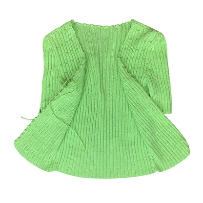 VTG 90s y2k GREEN V-NECK TIE-UP BEADED SHORT SLEEVED STRETCHY KNIT CARDIGAN M 12