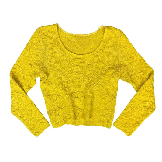 VTG YELLOW TEXTURED CHERRY LONG SLEEVED CROPPED KNITTED JUMPER TOP S 10