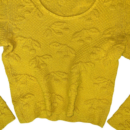 VTG YELLOW TEXTURED CHERRY LONG SLEEVED CROPPED KNITTED JUMPER TOP S 10
