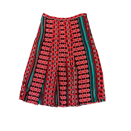 80s RED TEAL GREEN BLACK GEOMETRIC STRIPE PATTERNED PLEATED MIDI SKIRT S 10