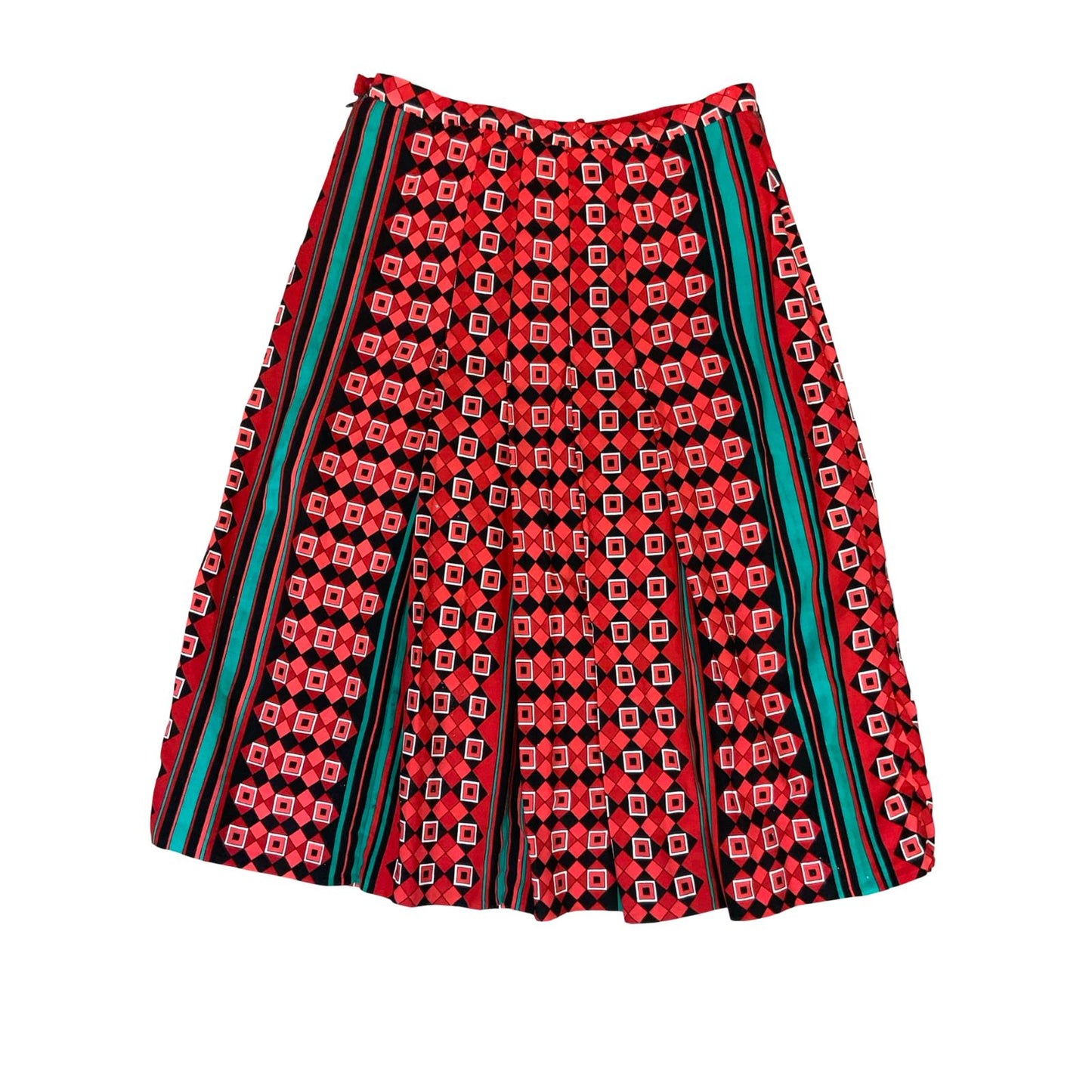 80s RED TEAL GREEN BLACK GEOMETRIC STRIPE PATTERNED PLEATED MIDI SKIRT S 10