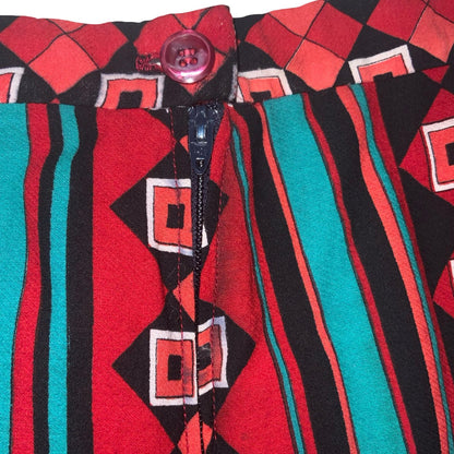 80s RED TEAL GREEN BLACK GEOMETRIC STRIPE PATTERNED PLEATED MIDI SKIRT S 10