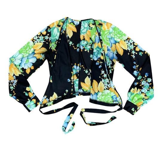 BLACK GREEN YELLOW FLORAL CROPPED BOLERO STYLE TIE-UP BLOUSE XS 6