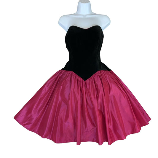 VTG 90s 'LAURA ASHLEY' BLACK PINK VELVET TEFFETA TUTU MINI STRAPLESS DRESS XS