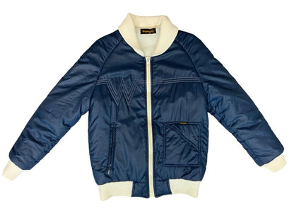 RARE VTG 1970s WRANGLER ZIP UP PADDED BOMBER JACKET RALEIGH CHOPPER NAVY SMALL