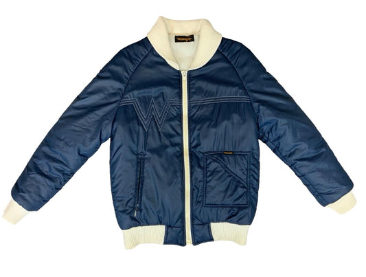 RARE VTG 1970s WRANGLER ZIP UP PADDED BOMBER JACKET RALEIGH CHOPPER NAVY SMALL