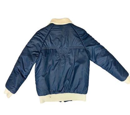RARE VTG 1970s WRANGLER ZIP UP PADDED BOMBER JACKET RALEIGH CHOPPER NAVY SMALL
