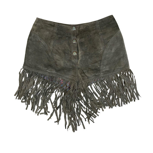 VTG 90s 'MODELEO' BROWN SUEDE FRINGE FESTIVAL WESTERN SNAP HIPPIE SHORTS S 10