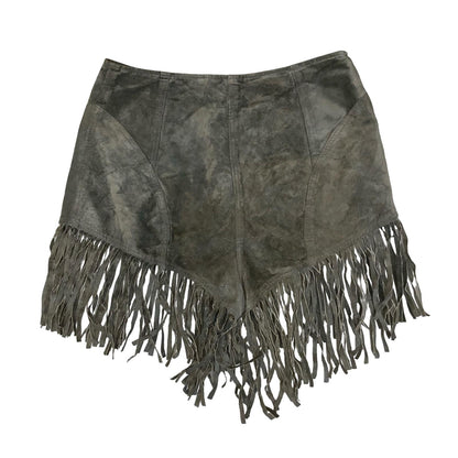 VTG 90s 'MODELEO' BROWN SUEDE FRINGE FESTIVAL WESTERN SNAP HIPPIE SHORTS S 10