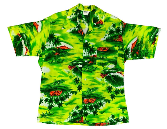 VTG HAWAIIAN MADE ALOHA SHIRT COTTON TIKI ROCKABILLY HAWAII SURF LONGBOARD LARGE