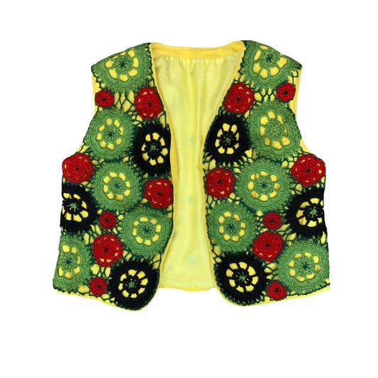 VTG GREEN RED BLACK YELLOW CROCHET FLORAL BOHO HIPPIE FESTIVAL WAISTCOAT S 10