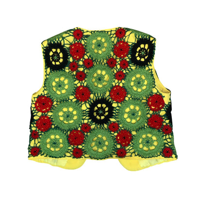 VTG GREEN RED BLACK YELLOW CROCHET FLORAL BOHO HIPPIE FESTIVAL WAISTCOAT S 10