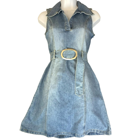 VTG 90s y2k 'ONE ONE' BLUE STONE WASH DENIM COLLARED MINI MOD GOGO DRESS XS 6