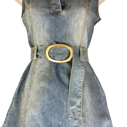 VTG 90s y2k 'ONE ONE' BLUE STONE WASH DENIM COLLARED MINI MOD GOGO DRESS XS 6