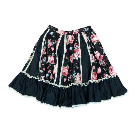 VTG 90s y2k BLACK PINK ROSE FLORAL FRILL A-LINE MIDI SKIRT S 10