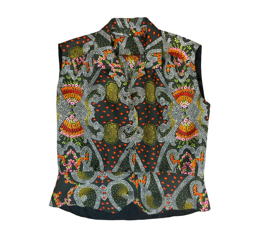 VTG 70s BLACK RED YELLOW FLORAL GEOMETRIC PATTERN SLEEVELESS PEPLUM BLOUSE M 14