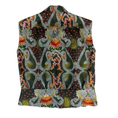 VTG 70s BLACK RED YELLOW FLORAL GEOMETRIC PATTERN SLEEVELESS PEPLUM BLOUSE M 14