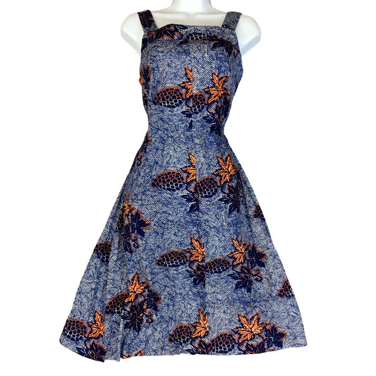 VTG BLUE WHITE ORANGE GRAPE SLEEVELESS MINI SUMMER BEACH HOLIDAY DRESS S 8