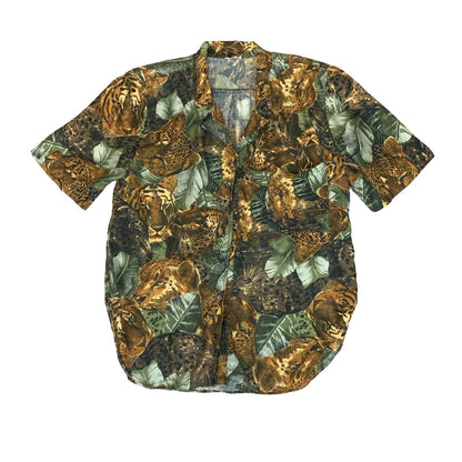 VTG BROWN GREEN JUNGLE ANIMAL TIGER SAFARI SHORT SLEEVED SILK BLOUSE UK16
