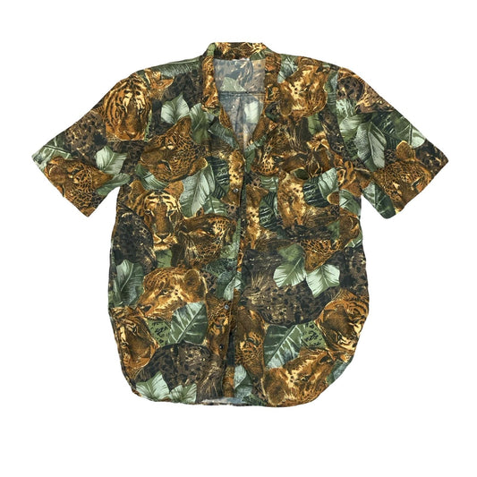 VTG BROWN GREEN JUNGLE ANIMAL TIGER SAFARI SHORT SLEEVED SILK BLOUSE UK16