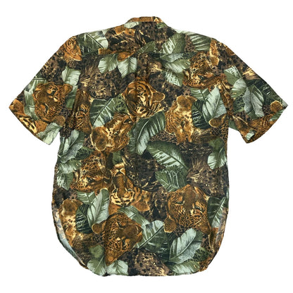 VTG BROWN GREEN JUNGLE ANIMAL TIGER SAFARI SHORT SLEEVED SILK BLOUSE UK16